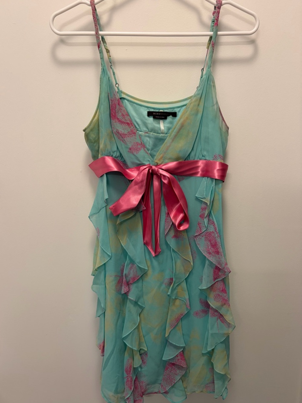 BCBG MaxAzria 100% Silk Mint Floral Ruffle Dress — Size 6